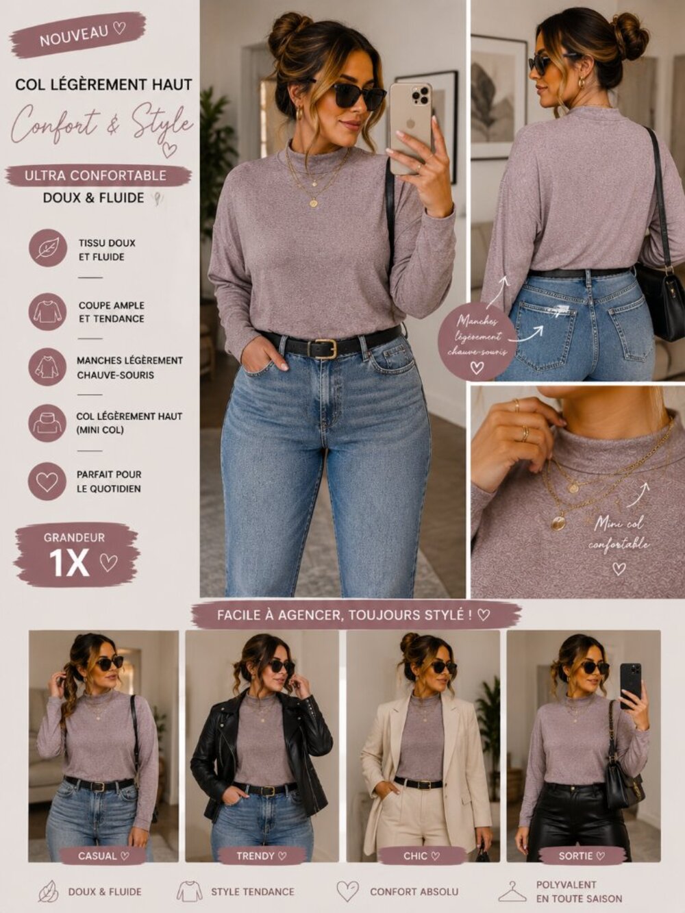 Dusty Mauve Mock Neck Top – Plus Size 1X – Soft Casual Chic Long Sleeve Blouse